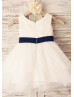 Cotton Polka Dots Tulle  with Navy Blue Flower Belt Flower Girl Dress